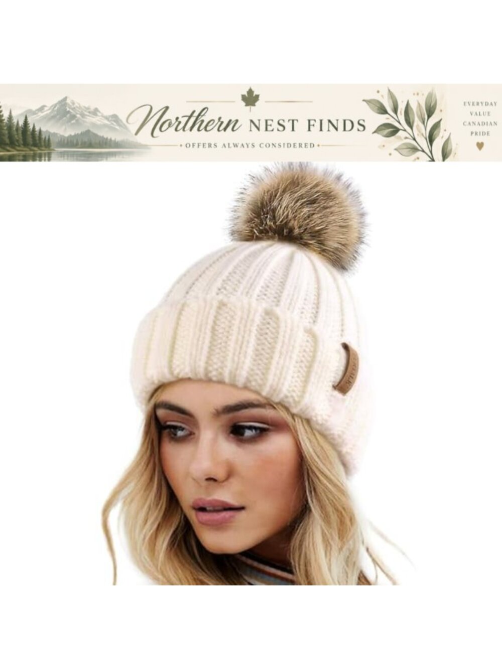 Faux Fur Pom Knit Beanie Winter Hat Removable Pom Pom